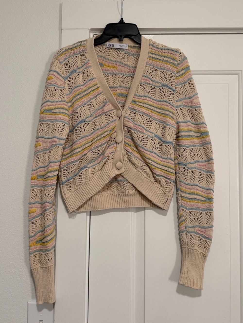 ZARA Cream Open-Knit Cardigan with Pastel Stripes